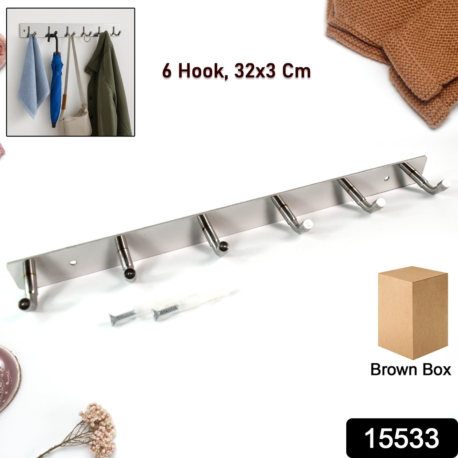 Stainless Steel Wall Mounted Coat 6 Hook Rack (32x3 / 1Pc) Stainless Steel Wall Mounted Coat 6 Hook Rack (32x3 / 1Pc)